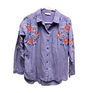 BeachLunchLounge Blue Striped Floral Embroidered Button Down Shirt Size L